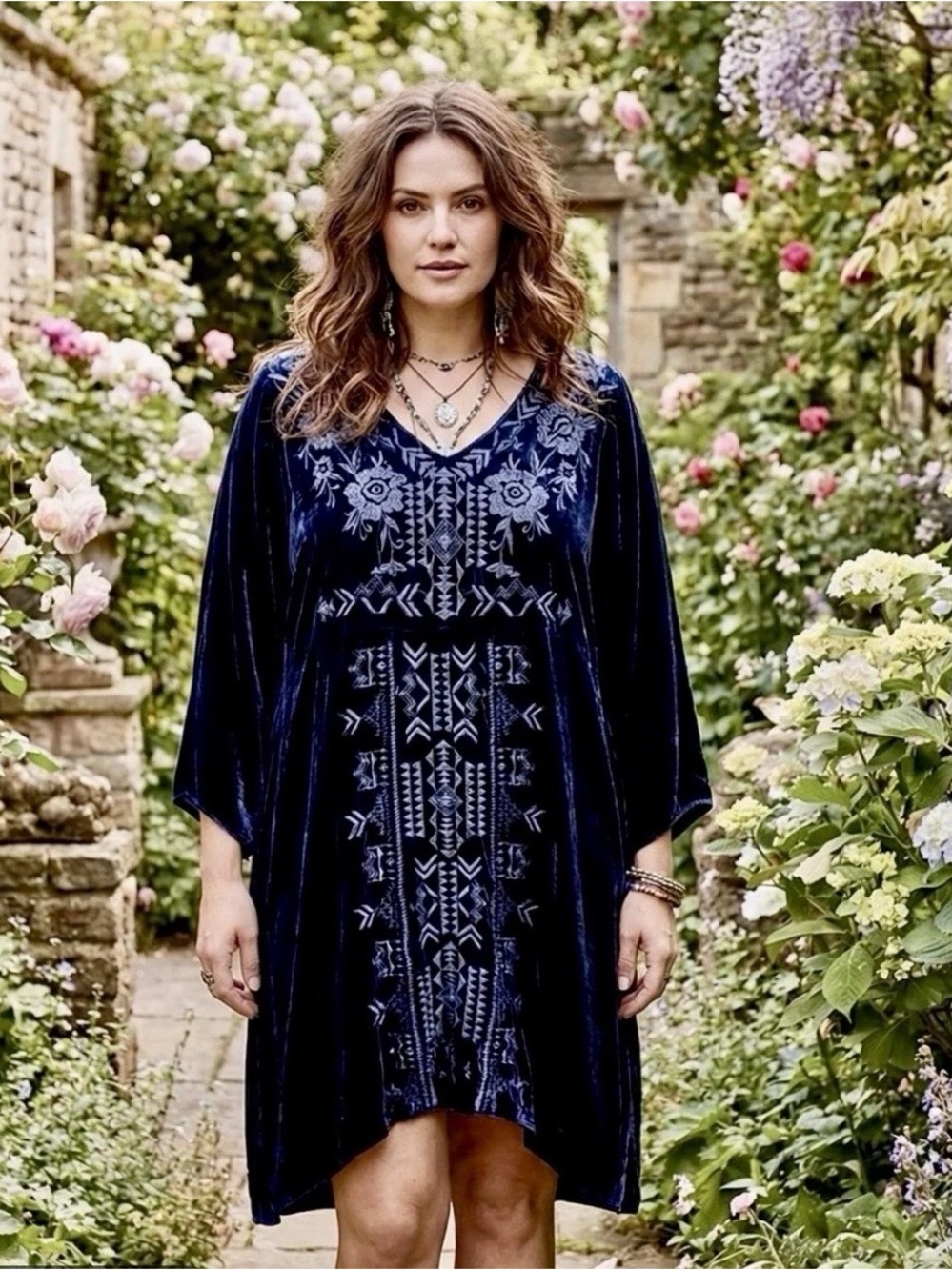 Johnny Was Navy Velvet Embroidered V-Neck Dress Asymmetrical Hem Size 3X